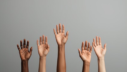 Obraz premium A photographic shot of diverse hands reaching upwards, This image represents ambition and opportunity.