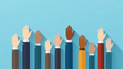 A business-themed, flat icon design of a group of diverse raised hands, This image communicates teamwork and innovation.