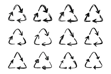Set of hand drawn recycle arrow icon Recycling resources symbol Reuse of materials, zero waste, green environment, saving the planet