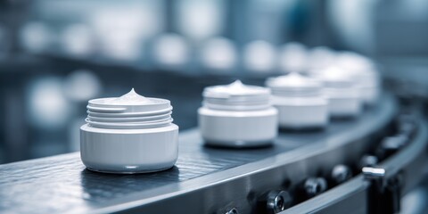 Vibrant photo of production line of cosmetic jars in the factory, the scene is blurred and the focus is on one jar that has just come off its conveyor belt. the jars are white.
