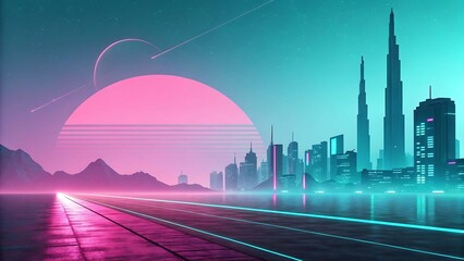 Futuristic Retro Neon City with Sun and Skyscrapers