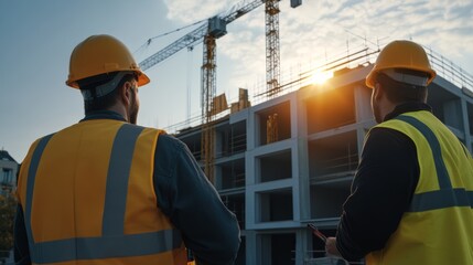 Construction progress monitoring urban development action shot building site sunset view project management insights for seo impact