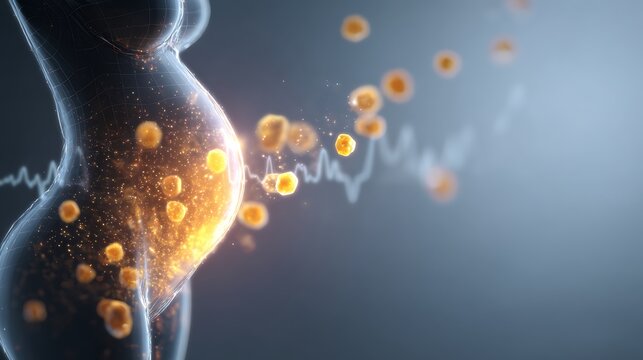  3D Infographic Of Symbolic Pregnant Female Torso With Glowing Abstract Uterus And Nutrient Particles Flowing Toward Internal Area. Floating Icons Of Vitamins, Proteins, Calcium, And Hydrat