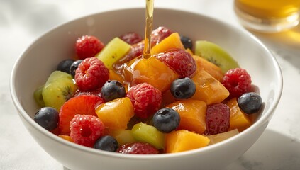 A bowl of fresh fruit salad with honey poured over it