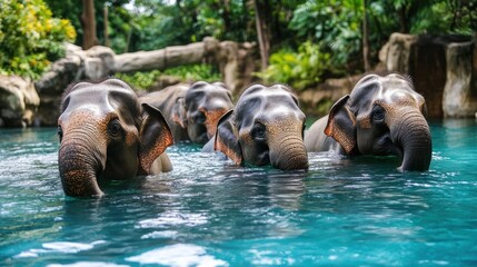 Four Elephants Bathing in a Lush Green Tropical Lagoon