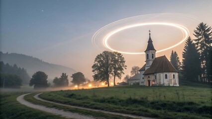 Church with Glowing Halo Light Trail in Twilight Landscape