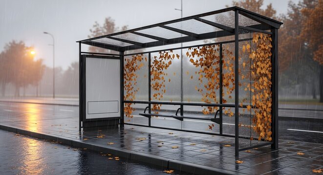 Empty Bus Stop in Autumn Rain