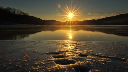 Golden Sunset Reflected on Frozen Lake with Silhouetted Trees