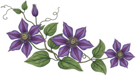 A decorative vine with purple clematis flowers and green leaves, isolated on transparent background