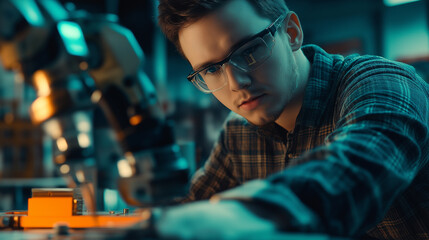 Fototapeta premium Electrical Engineer Inspecting Industrial Control Panel