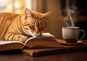 Orange tabby cat napping on an open book next to a steaming cup of coffee on a wooden table