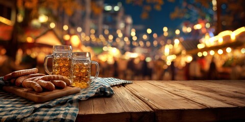 A Cozy Autumn Evening at a Festive Market with Beer and Sausages, Illuminated by Bright Lanterns and Surrounded by Cheerful Crowds