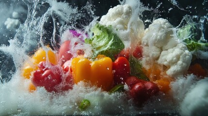 Vibrant Vegetables Submerged in Water with Air Bubbles