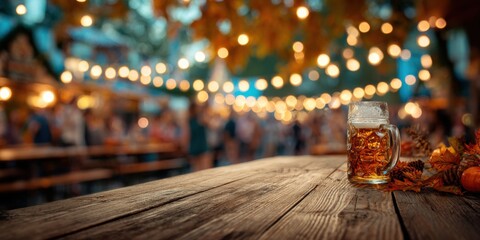 A frosty glass of beer sits on a rustic wooden table, surrounded by autumn leaves and glowing festive lights in a lively outdoor setting.
