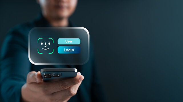 facial recognition login and digital identity access on mobile. Man using smartphone with Face ID interface for secure authentication, privacy protection, and smart technology.