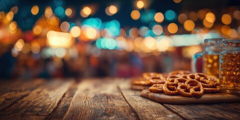 Delicious Pretzels and Refreshing Drinks Served on a Rustic Wooden Table Amidst Vibrant Festive Background with Bokeh Lights for a Perfect Snack Experience