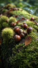 A Tranquil Forest Scene Featuring Acorns, Moss, and Natural Elements Creating a Peaceful Atmosphere for Outdoor Enthusiasts and Nature Lovers