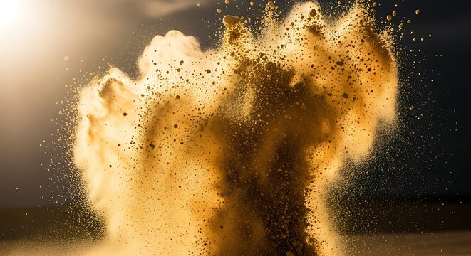 Dynamic Burst of Golden Powder on Dark Background.