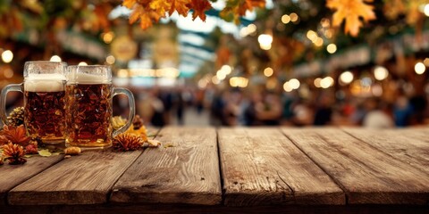 A Cozy Autumn Gathering with Frosted Mugs of Beer and Colorful Fall Foliage, Perfect for Celebrating the Season's Festive Atmosphere