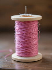 Spool with pink thread with needle