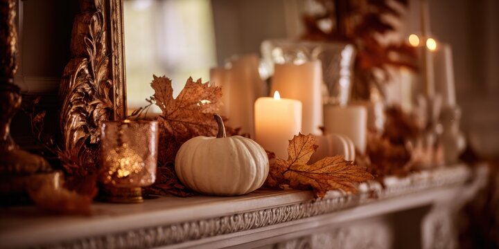 Elegant Autumn Decor Featuring Pumpkin, Candles, and Dried Leaves to Celebrate the Cozy Season of Fall in an Inviting Setting