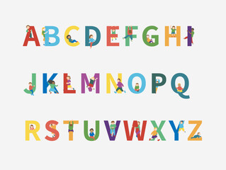 カラフルなアルファベットA〜Zと子どものイラスト