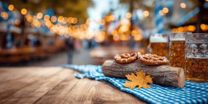 Traditional Festive Scene Featuring Beer, Pretzels, and Autumn Leaves with a Warm Bokeh Background Creating a Cozy Atmosphere
