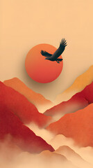 Stylized Illustration of Vibrant Mountains at Sunset with Soaring Bird in Warm Hues