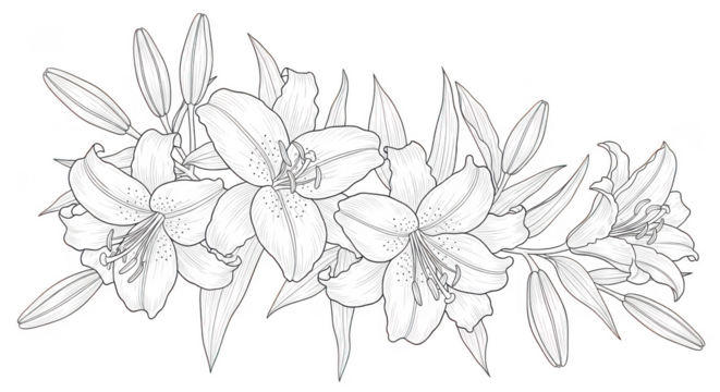 Elegant line art illustration of a garland of lilies with leaves, isolated on transparent background