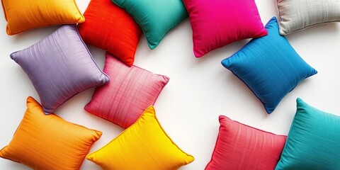 Vibrant textured pillows arranged artistically on white background,   home,   handmade