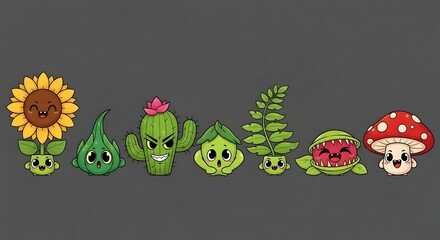 A delightful array of cartoon plants, each with unique expressions and characteristics, creating a whimsical and engaging botanical ensemble on a neutral background