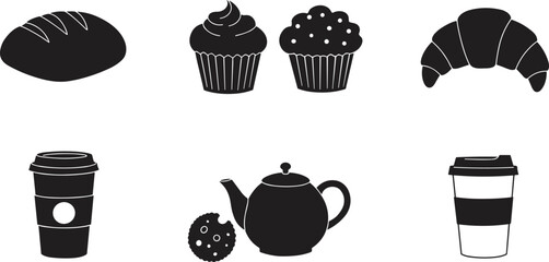 Black bakery icon set including bread loaf, cupcakes, croissant, coffee cups, teapot with cookie, perfect for cafe design