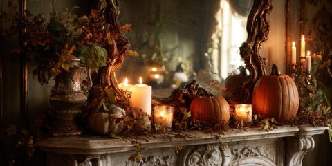 An Elegant Autumnal Mantel Display Featuring Pumpkins, Candles, and Rich Foliage for a Cozy Seasonal Ambiance