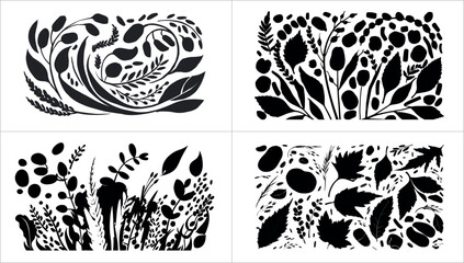Collection of four black and white floral and botanical silhouette designs for decoration or pattern
