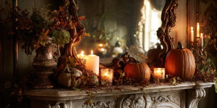 An Elegant Autumnal Mantel Display Featuring Pumpkins, Candles, and Rich Foliage for a Cozy Seasonal Ambiance