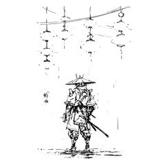 Cyberpunk samurai warrior illustration with katana sword and futuristic lanterns digital art concept design