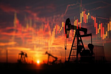 Silhouette of oil pump jacks with overlaid stock market chart at sunset sky creating an energy concept, concept for financial analysis, oil industry investment and petroleum production market