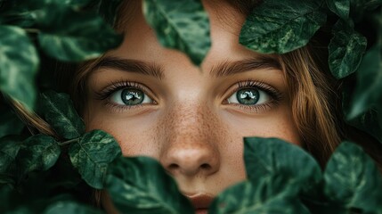 Close-up of a Woman's Face Partially Hidden by Green Foliage