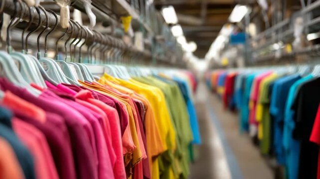 Colorful t-shirts hanging on racks in clothing factory, industry process