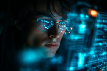 Focused young man with glasses looking at a glowing computer screen with complex data, concept for software development, cybersecurity and data analysis visualization