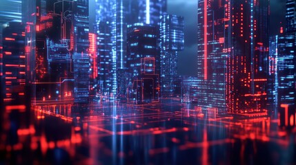 Futuristic Cityscape with Red and Blue Neon Lights