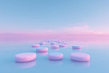 Jelly pads hovering gently above pastel bubblegum river under luminous dusk sky