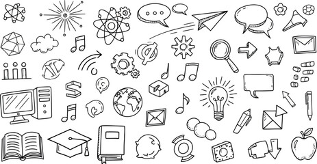 Vector vector art of collection of handdrawn icons representing education, science, communication, and ideas, transparent background