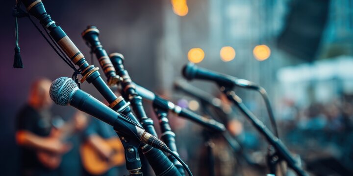 A Close-Up View of Various Microphones Set Against a Blurred Background of a Lively Music Performance, Capturing the Energetic Atmosphere of Live Sound.