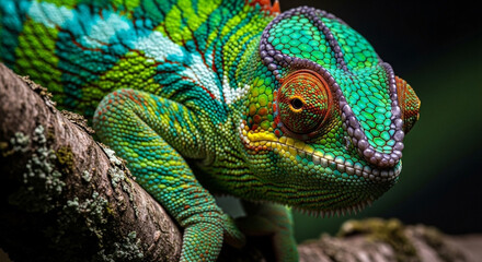 Obraz premium A vibrant chameleon perched on a branch showcasing its intricate skin patterns and textured details