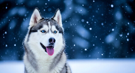 Naklejka premium A husky dog with blue eyes in a snowy landscape with its tongue out looking at the camera view