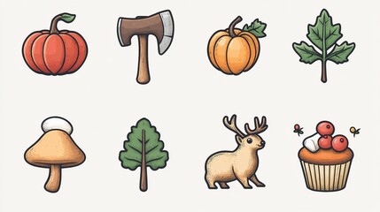 Autumn Camping Outdoor Activities Icon Set, Simple Line Art Flat Vector Graphics Featuring Pumpkin, Axe, Leaf, Mushroom, Deer, Cupcake and Colorful Elements