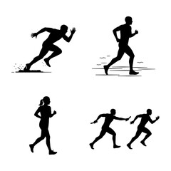 Silhouette illustrations of athletes in various running poses and relay race activities in black and white