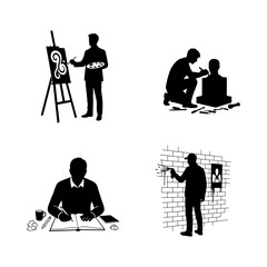 Silhouettes of artists painting on canvas sculpting writing and creating graffiti on a brick wall artwork