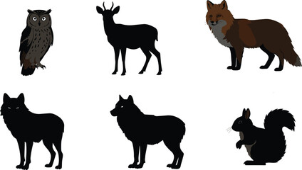 Wild forest animals vector set with owl, fox, deer, wolf, and squirrel in silhouette and color illustration style for design.